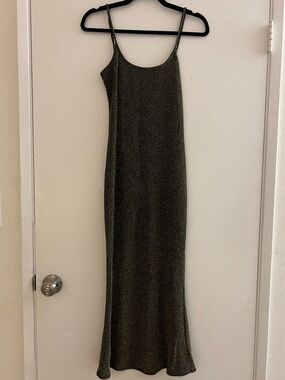 Sleek Metallic Gold Black Slip Maxi Dress with Thin Straps
